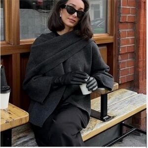 ZARA SHAWL COLLAR KNIT CAPE WITH ASYMMETRICAL SCARF -WOOL JACKET -SHORT COAT